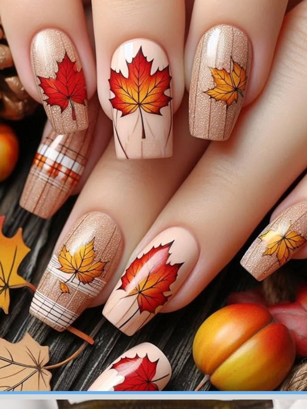Fall Press on Nails Medium Square Fake Nails Maple Leaf